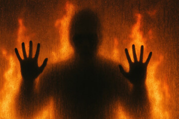 Silhouetted person with hands up in front of fire.