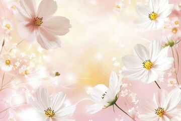 Obraz premium Delicate white cosmos flowers on soft pink background