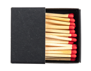 An open black matchbox filled with wooden matches with red tips