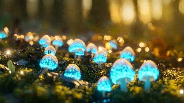 Mushrooms on mossy forest floor, dew glistening in warm sunlight, ultra-detailed macro shot with glowing spores