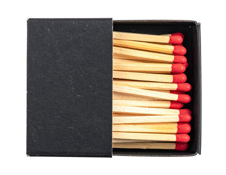 An open black matchbox filled with wooden matches with red tips