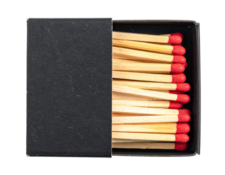 An open black matchbox filled with wooden matches with red tips