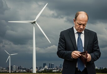 Stressed Businessman With Shrinking Wallet Near Wind Turbine