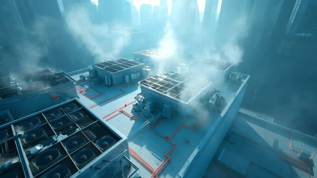 Radiative cooling panel array on a futuristic city rooftop with dense steam and ambient haze. Advanced energy technology integrated into high-rise urban architecture under intense midday conditions.