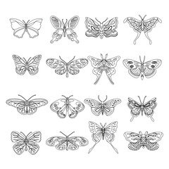 Vector set of butterflies line art. Butterflies for stencils, CNC printing, children s play or coloring.Black line of different hollow. Isolated clip arts insects collection.