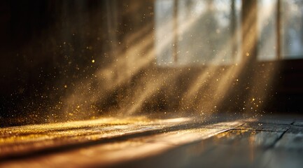 Golden sunlight streams through a window onto a wooden floor, filled with glittering dust