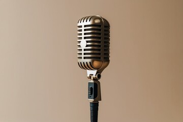 Vintage Microphone on Beige Background for Radio Show Advertising