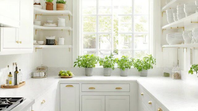 Bright white kitchen with marble countertops, brass fixtures, built-in shelves, and green potted herbs on the windowsill under natural light
