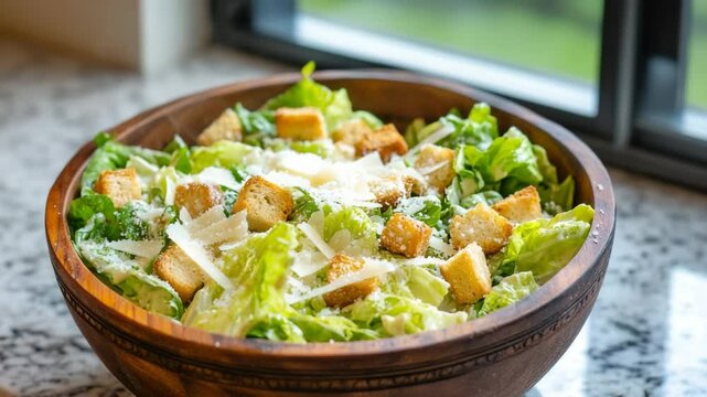 Caesar salad in rustic wooden bowl on marble kitchen counter with croutons and parmesan, natural window lighting