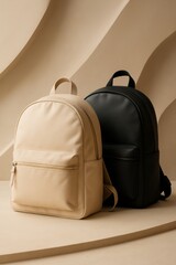 Stylish backpacks in elegant, neutral colors. This photo showcases two backpacks, one in a light beige and the other in black, set against a complementary backdrop.