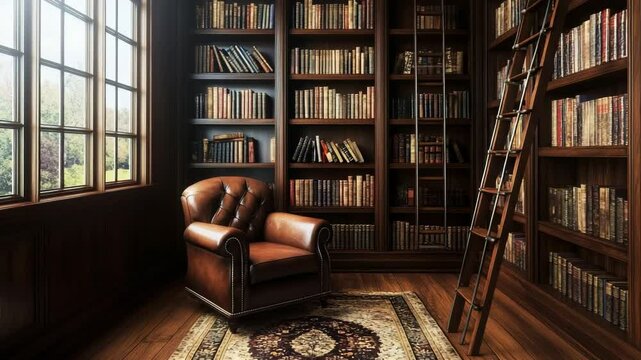Classic home library with dark wood shelves, leather armchair, ladder on rails, area rug and gentle window light illuminating the spines of books