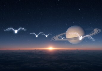 Luminous Birds Flying Over Saturn Rings