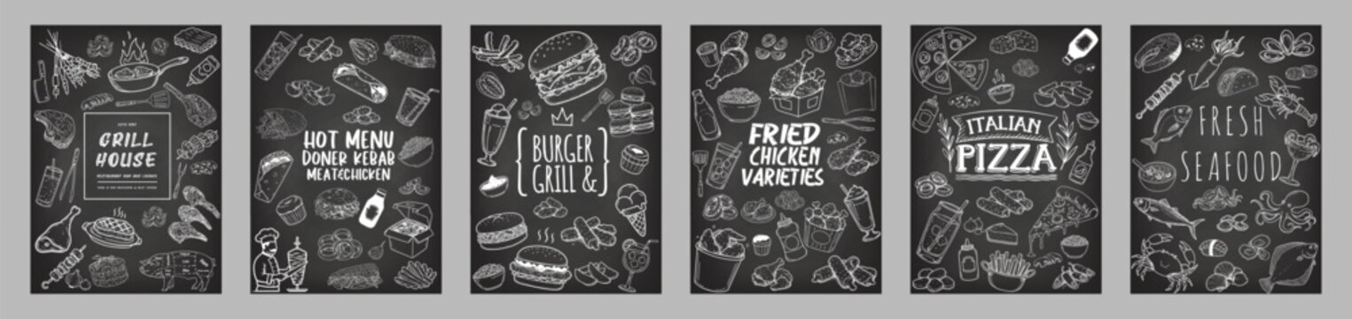 Blackboard hand drawn menu collection, restaurant menu Vector.