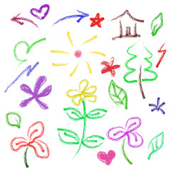 Crayon drawing flowers features tree with sun and house on black background, in illustration style