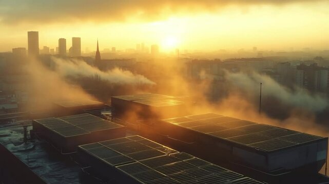 Radiative cooling panel array on a city rooftop during golden hour with mist and sunlight. Sustainable rooftop technology working amidst urban haze, reducing heat and enhancing energy efficiency.