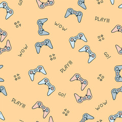 Seamless pattern with hand drawn doodle gamepads and handwritten video games lettering, cute colorful game controllers background