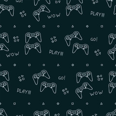 Seamless pattern with hand drawn doodle gamepads and handwritten video games lettering, cute game controllers. White doodles on dark background