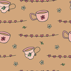 Seamless pattern with hand drawn doodle hot drink cup with floral pattern and heart shaped garland. A mug of coffee or tea with flower.