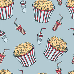 Seamless pattern with hand drawn doodle striped popcorn bucket and disposable paper cups for soda, cold drinks