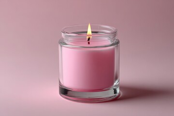 Pink candle in glass jar on pink background