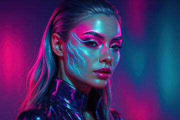 Naklejka premium Woman with neon makeup and makeup brushes, creating vibrant and colorful artwork on her face.