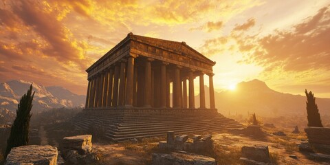 Obraz premium Ancient Greek temples with soaring columns stand majestically against a dramatic sky, their timeless beauty further accentuated by the warm light of sunset.