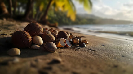 Fototapeta premium Seashells On Sandy Beach At Sunset
