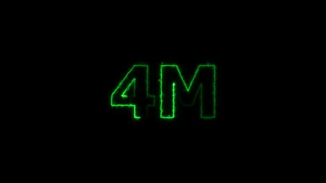 4M million neon glowing text animation on black background.