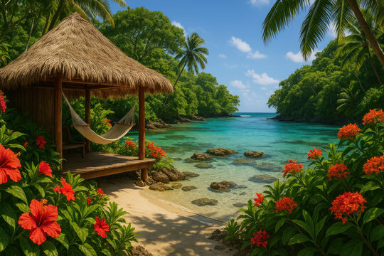 hamsters playing on a tropical beach.