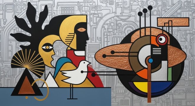 Abstract painting featuring stylized figures, white dove, geometric shapes, and textured metallic elements on a technical background design.