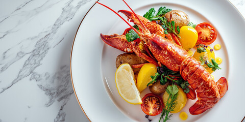 Whole lobster with lemon, vegetables, and herbs on luxury plate over marble surface for upscale dining
