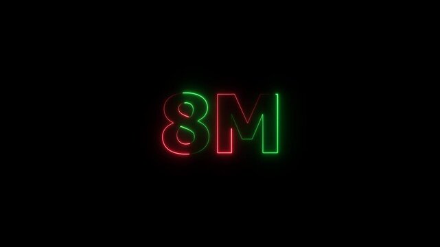 8m one million neon glowing text animation on black background, 8 Million achievement for social media videos animation.