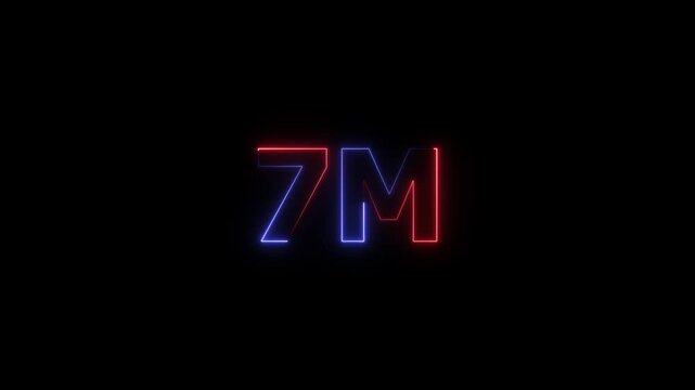 7m one million neon glowing text animation on black background, 7 Million achievement for social media videos animation.