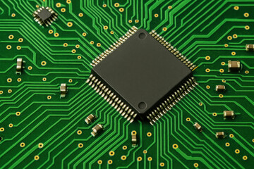 A circuit board with a chip.