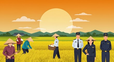 Colorful Flat Illustration of Farmers and Security Guard in Paddy Field