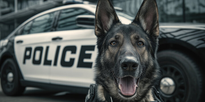 Close-up of alert police dog in front of patrol car with bold POLICE lettering, working K9 portrait
