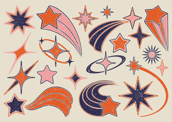 Retro Cosmic Stars Clipart Collection. Hand drawn textured vintage illustrations.