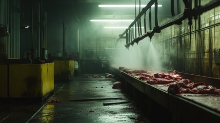 Conveyor belt under cooling sprayers processing red meat in an open industrial bay