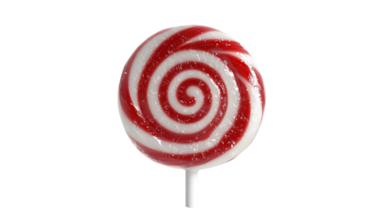 Red and white lollipop candy on a stick, sweet, colorful and fun food snack, isolated on transparent background. PNG