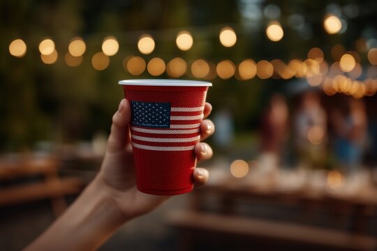 Festive celebration with red party cup featuring American flag print for patriotic gatherings