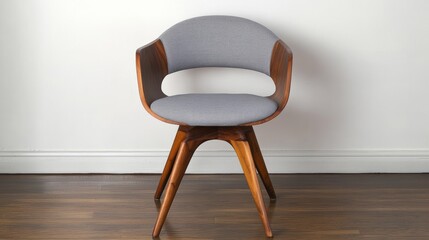 Mid-Century Modern Dining Chair with Walnut Frame and Gray Upholstery, Isolated on White Background.