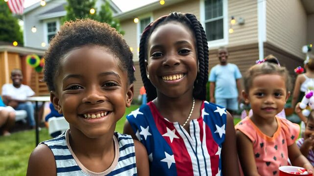 Family with children celebrating 4th of july together at the multicultural neighborhood