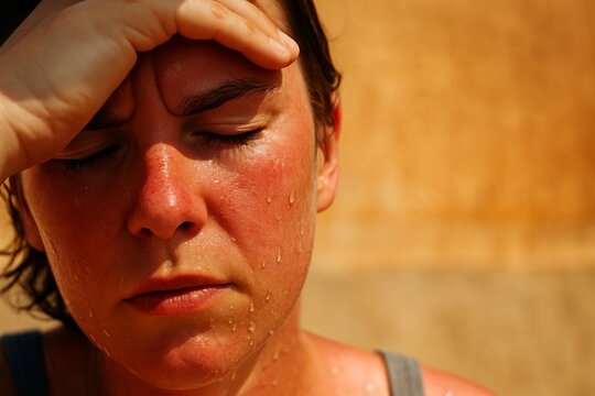 Exhausted young woman sweating and overheated in summer heat