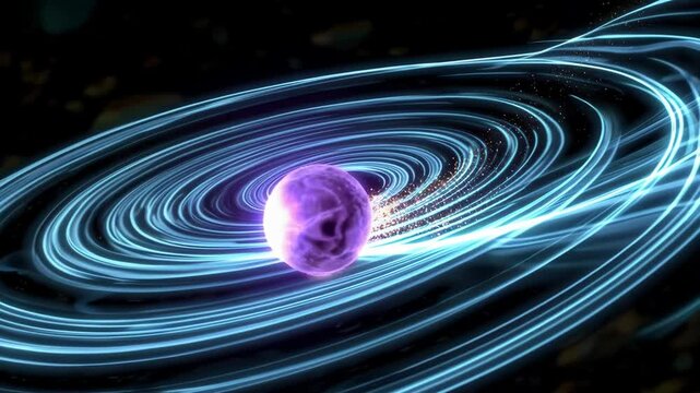 Magnetar core with glowing violet mass surrounded by circular pale gravity stream lines in warped black field

