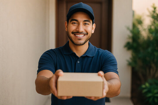 Young Latin American delivery worker smiles while holding a small package toward the camera.