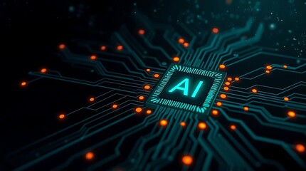 Futuristic AI Processor - Artificial Intelligence Microchip on Circuit Board