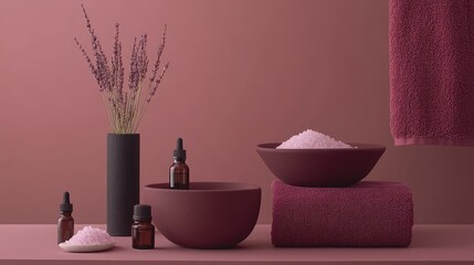 Lavender background with minimalist wellness items like essential oils, bath salts, and towels arranged neatly