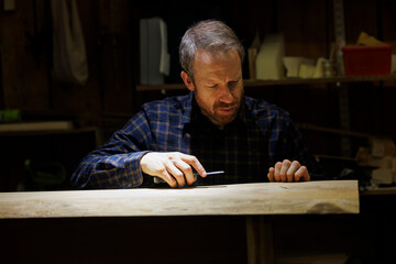 Focused male carpenter trimming wood with cutter in workshop