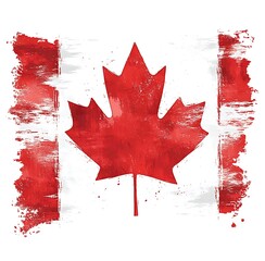 Artistic illustration of the canadian flag featuring a grunge textured maple leaf emblem