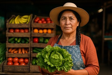 Proud Latin American farmer displaying fresh produce at local market